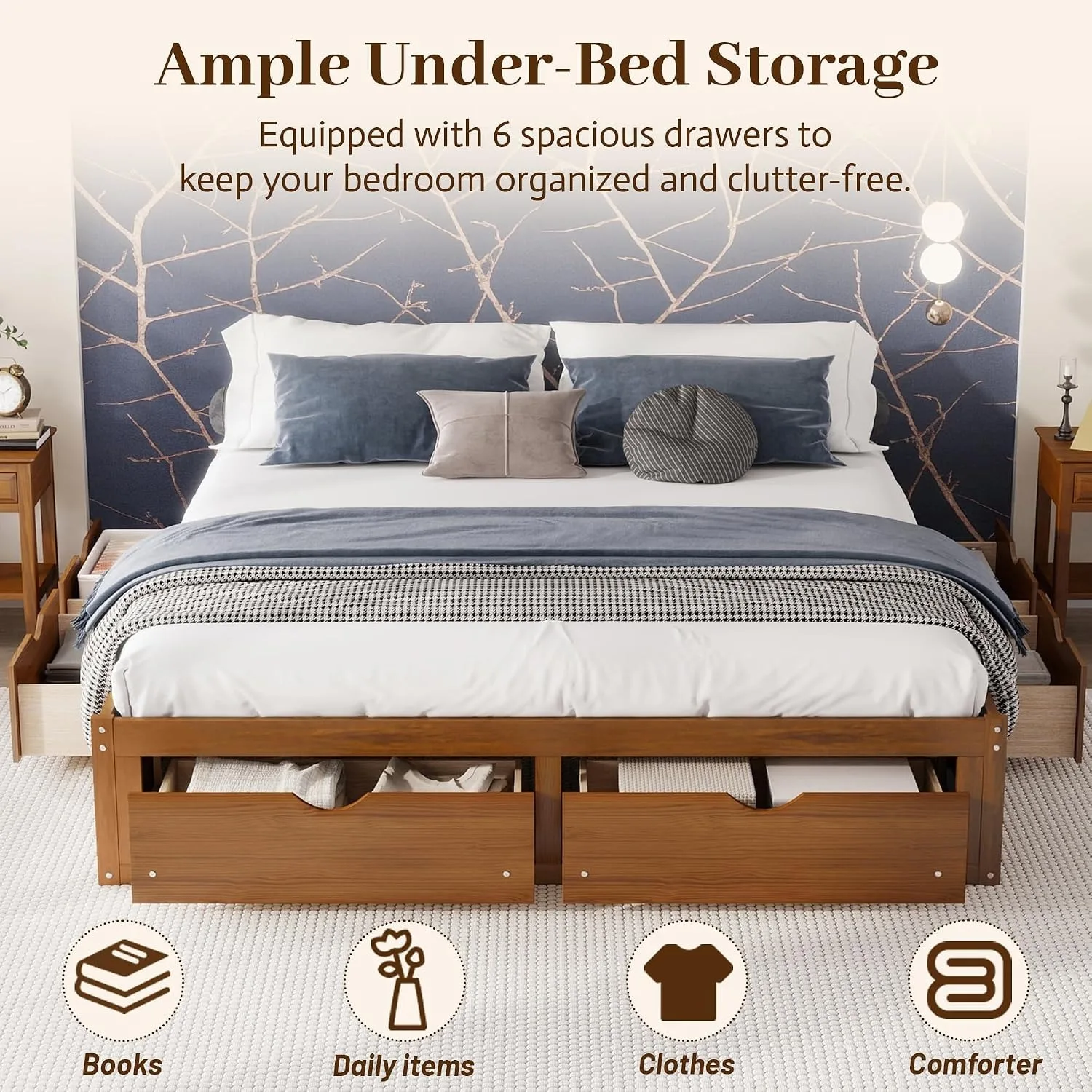 King Size Bed Frame With Storage Drawers - Struttura letto minimalista in legno di